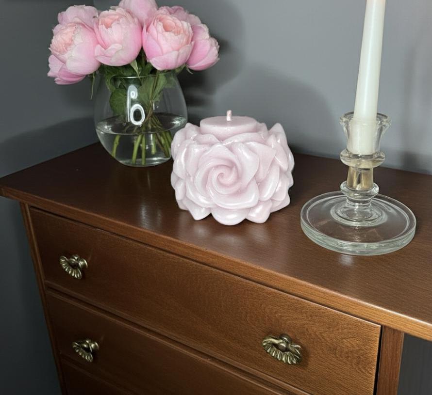 3D Crown Edged Chubby Rose Candles, Fairy Pink, 2pc set!