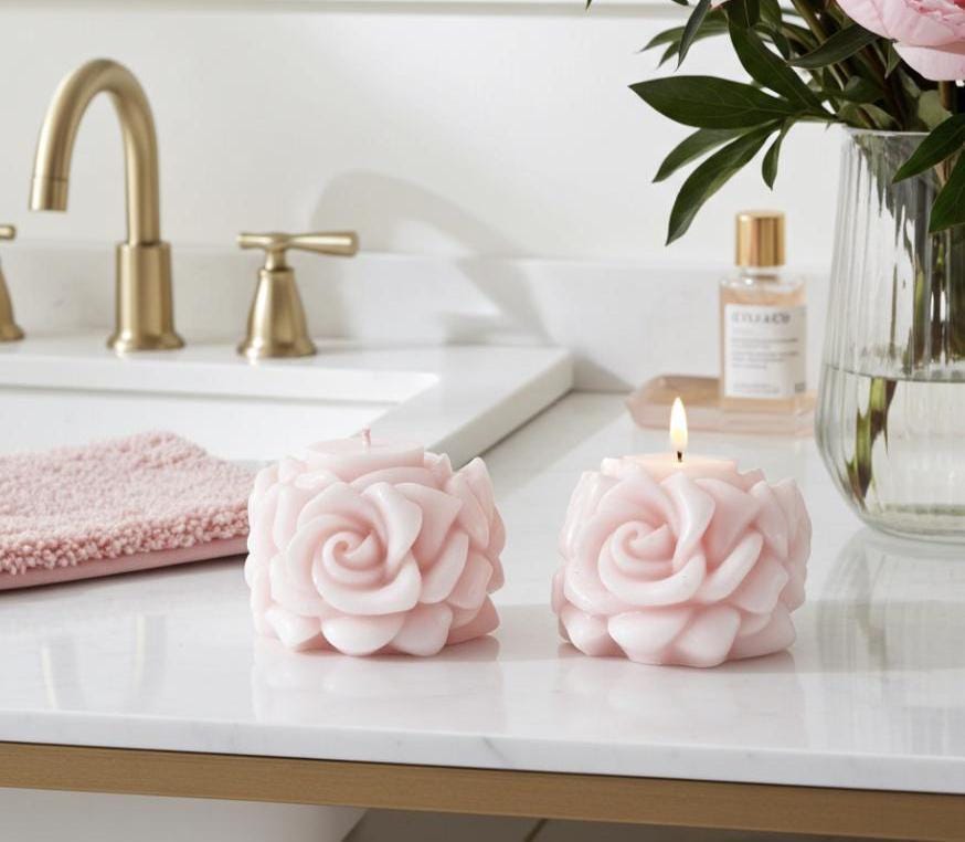 3D Crown Edged Chubby Rose Candles, Fairy Pink, 2pc set!