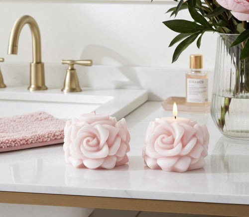 3D Crown Edged Chubby Rose Candles, Fairy Pink, 2pc set!