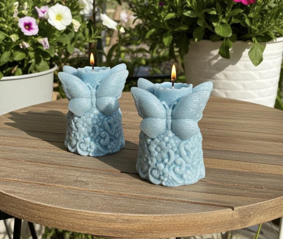 Snow Butterfly Candle, 3D Frosted Moldings, 2 pc set!