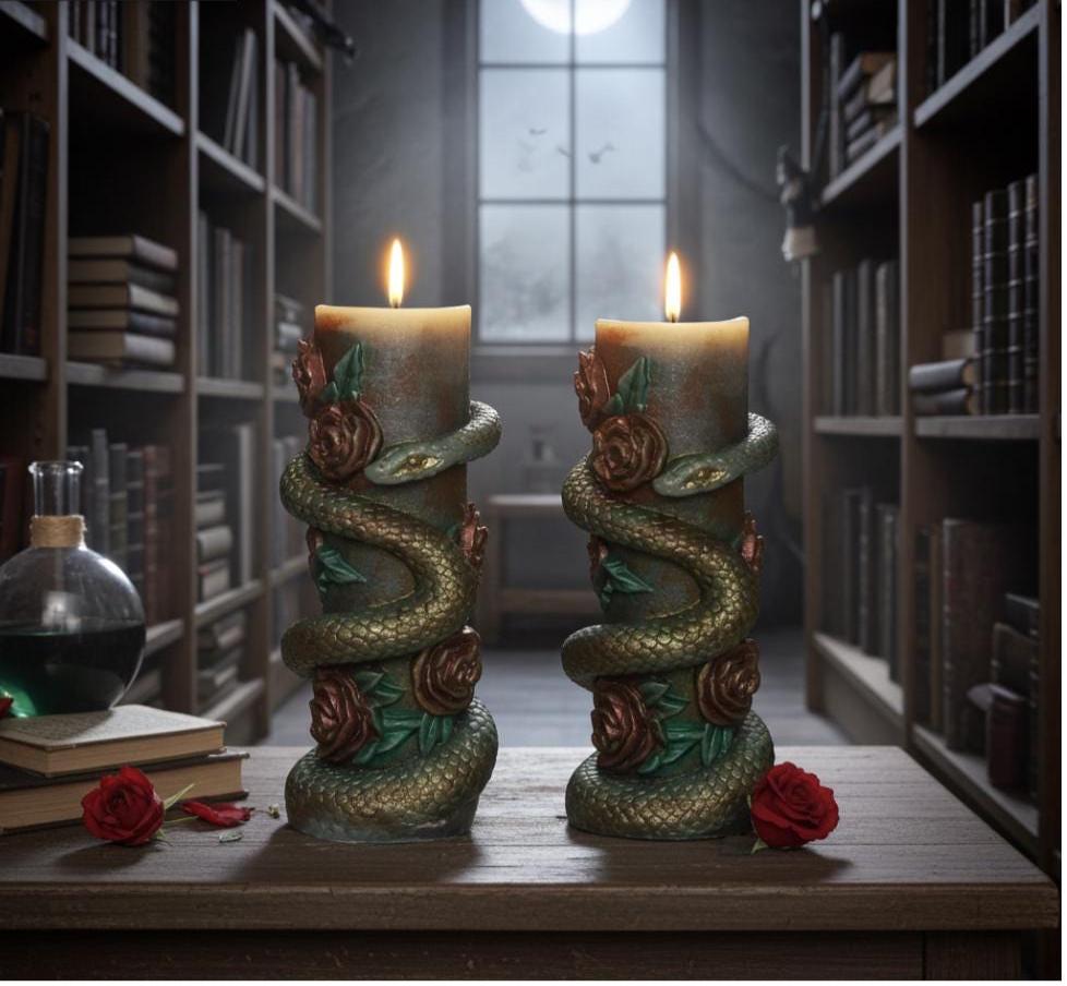 Serpent Roses Candle Set, 3D Crowned Deep Blood Red Roses, Underground Green Reptile