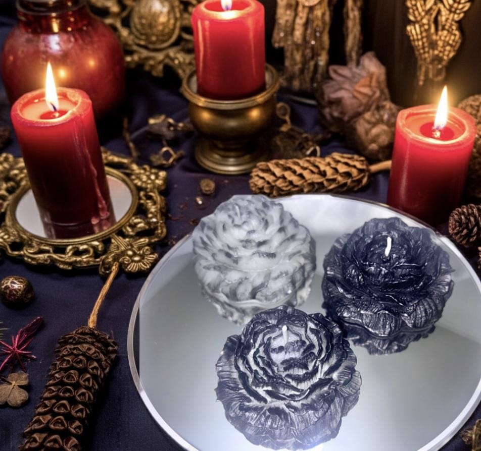 Rustic Black 3D Frosted Petal Tipped Peony Candles, The Dark Wanderers, 3 pc set!