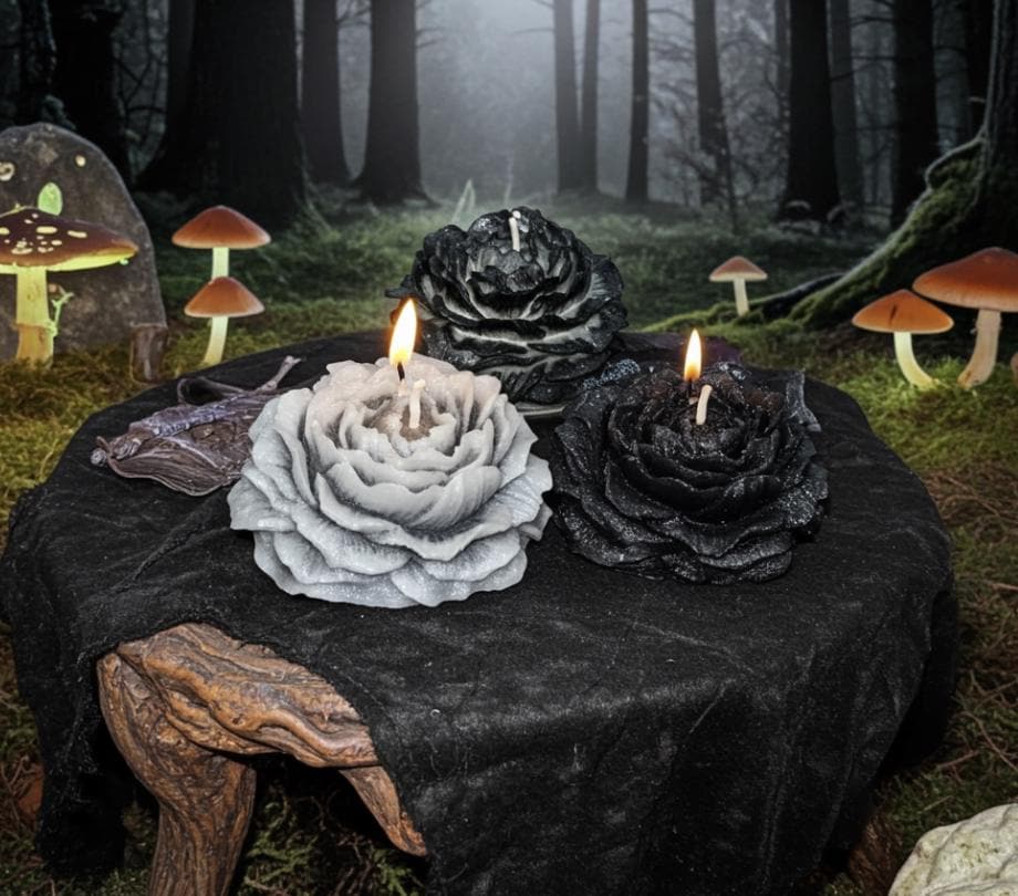 Rustic Black 3D Frosted Petal Tipped Peony Candles, The Dark Wanderers, 3 pc set!