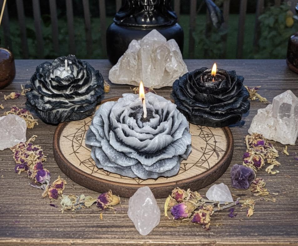 Rustic Black 3D Frosted Petal Tipped Peony Candles, The Dark Wanderers, 3 pc set!