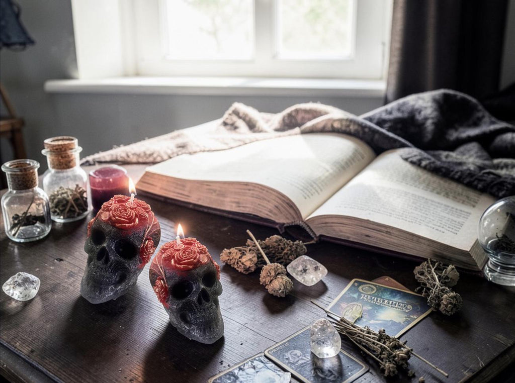 Skull N Roses Candles, Rustic Black, 2pc set!