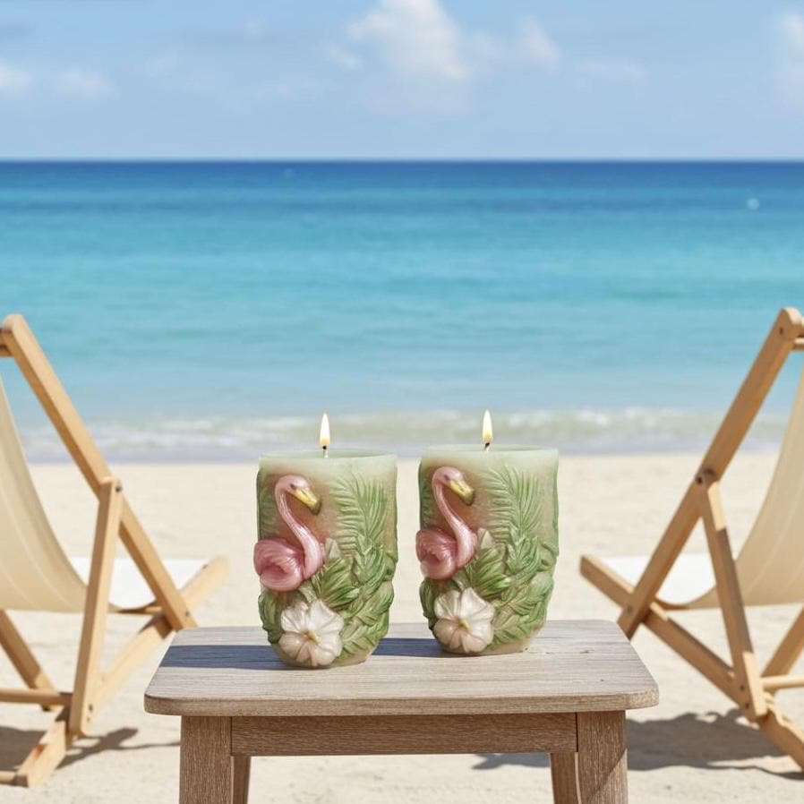3D Flamingo Candle Set, Fairy Pink & Spring Green, Tropical Decor