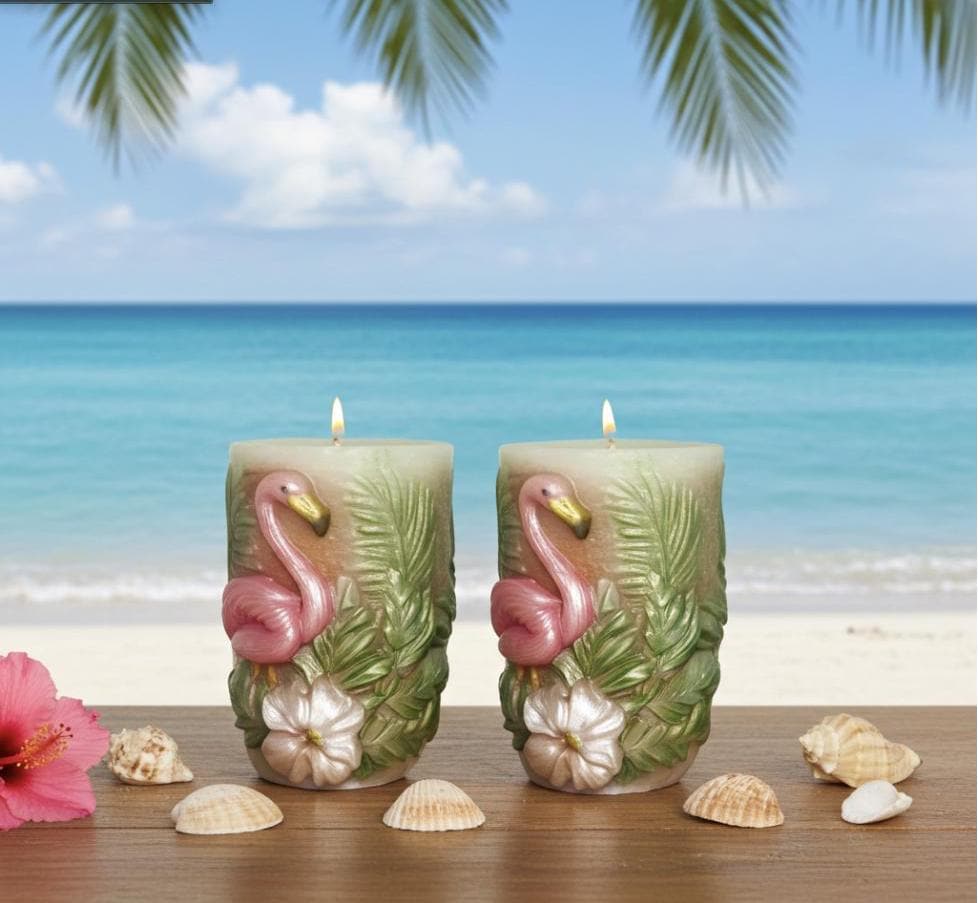 3D Flamingo Candle Set, Fairy Pink & Spring Green, Tropical Decor