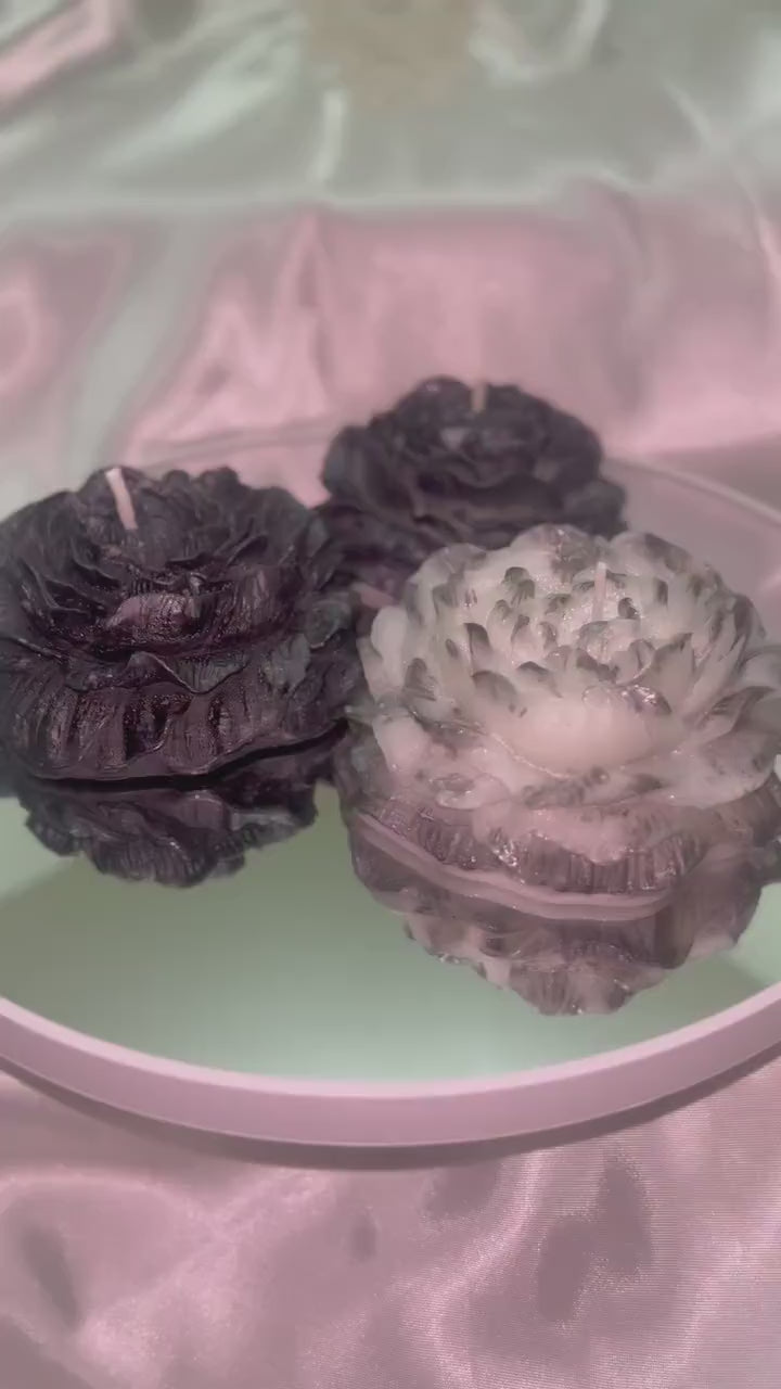 Rustic Black 3D Frosted Petal Tipped Peony Candles, The Dark Wanderers, 3 pc set!