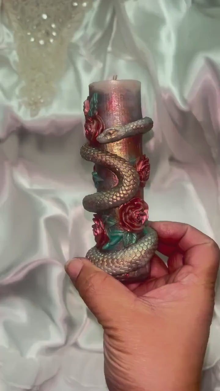 Serpent Roses Candle Set, 3D Crowned Deep Blood Red Roses, Underground Green Reptile