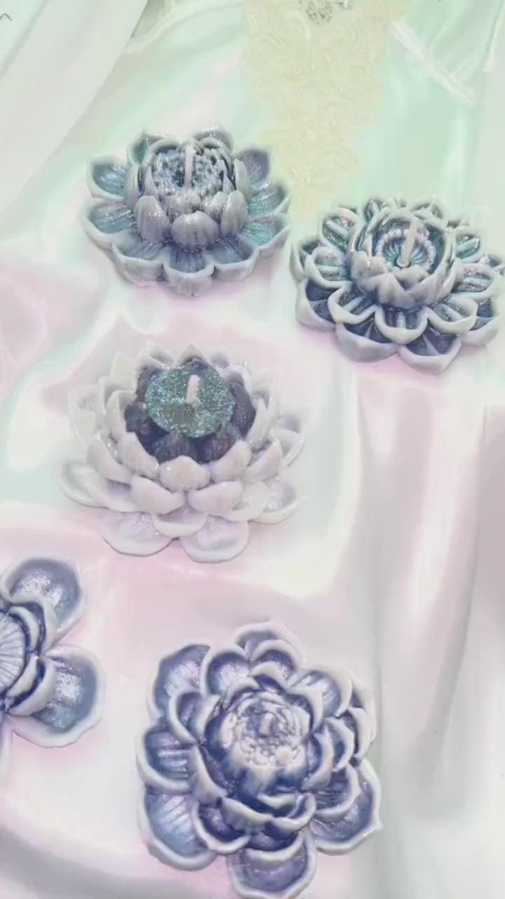 Frozen In Time, Lotus Candles, Winter White 3D Frosted Petal Tips, 5 pc set!