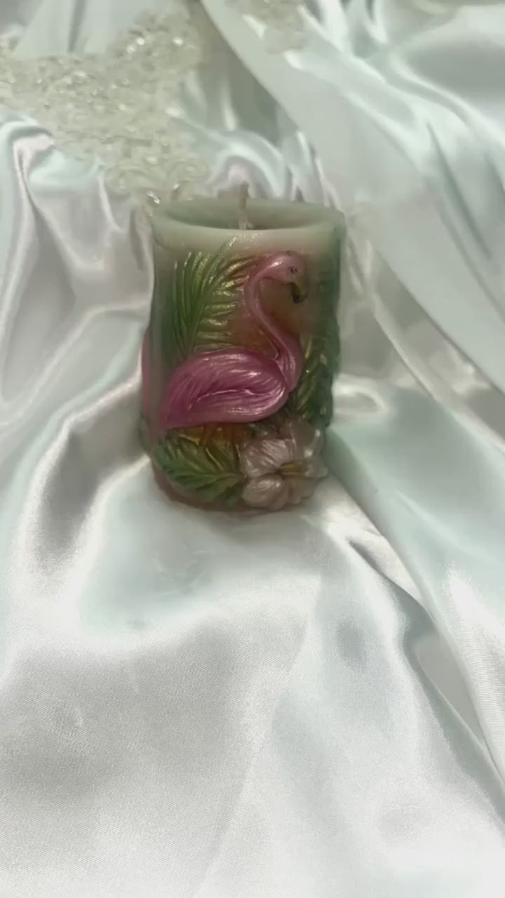 3D Flamingo Paradise Candle in Coral Pink, Moss Green & Copper Tan 2pc set!